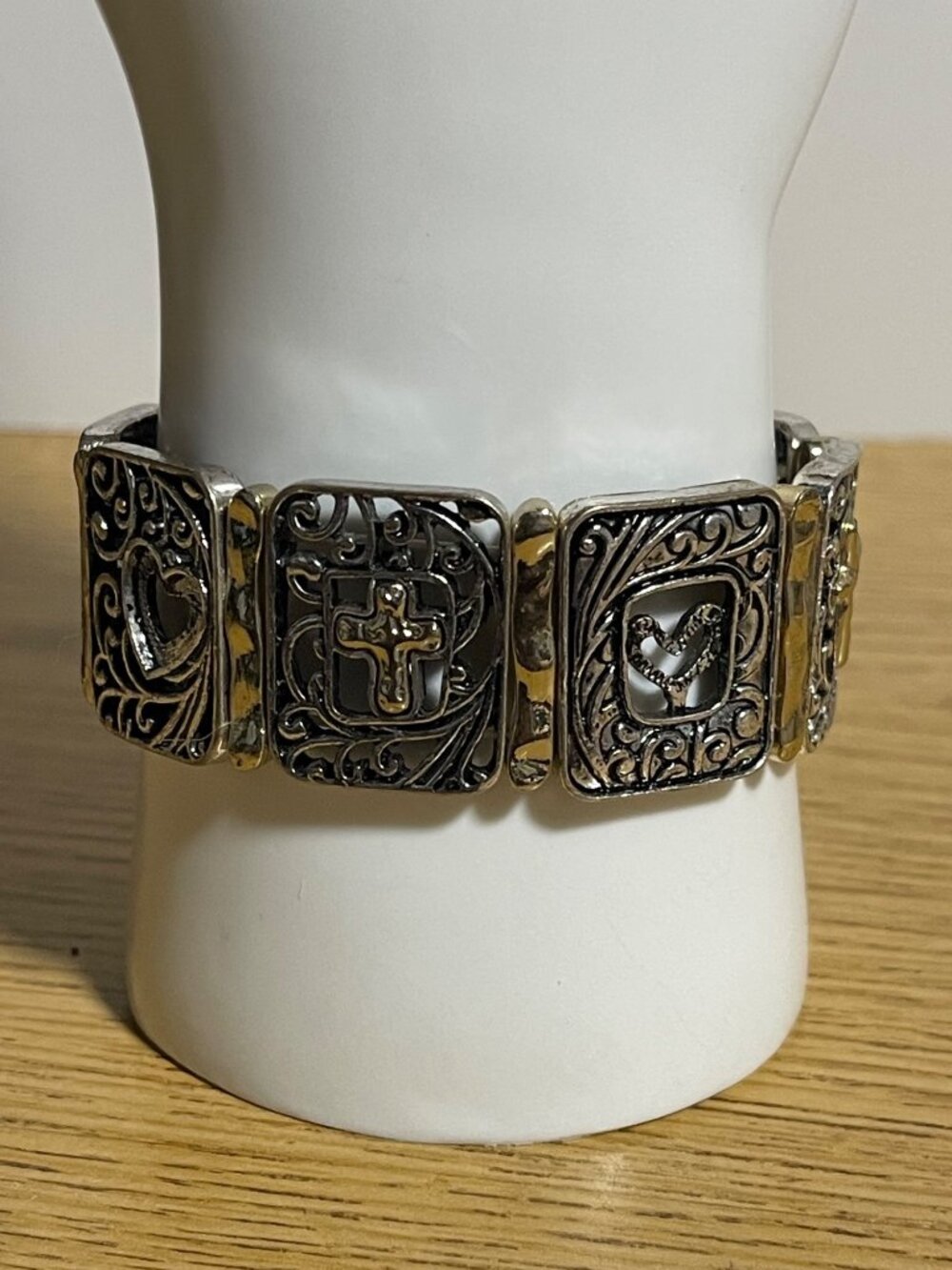 Gold & Silver Tone Stretch Bracelet Cross & Heart Embossed Panels Filigree